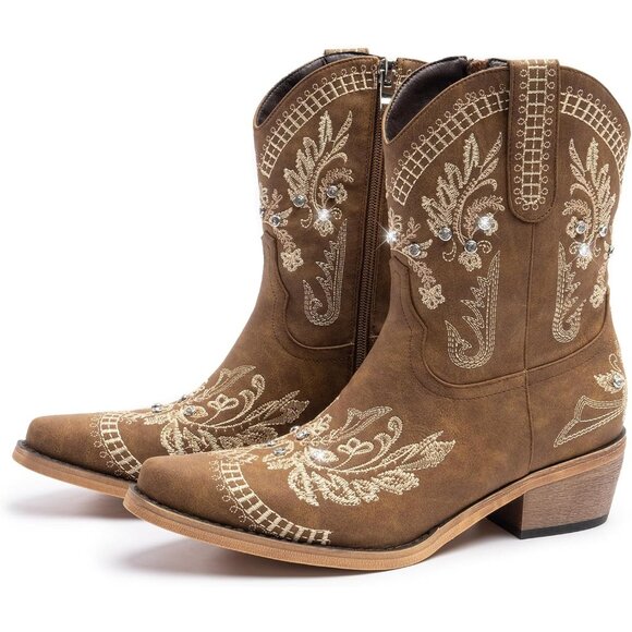 Women Brown Cowgirl with Sparkly Embroidered Rhinestone Short Western Ankle Boot - Picture 7 of 8
